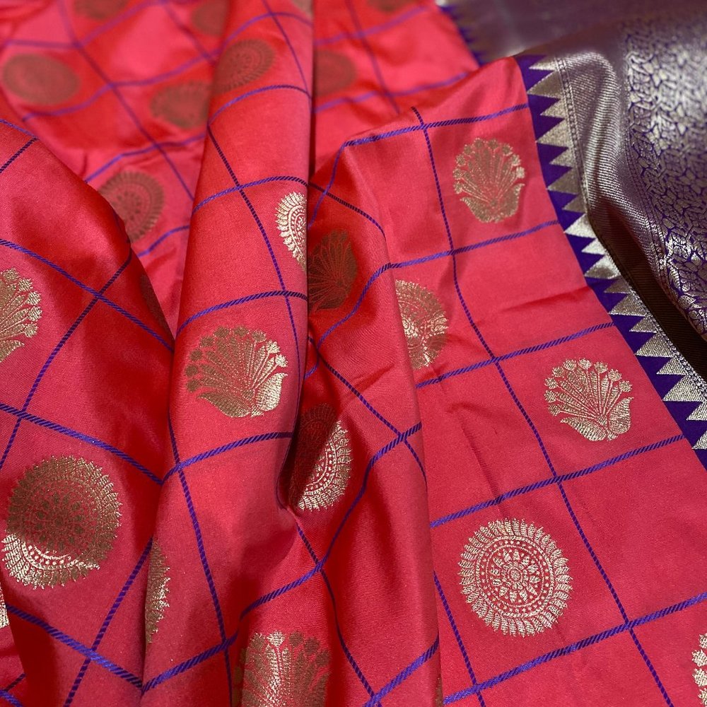 NEW Traditional Pink Silk Saree with Gold Motifs with attached blouse
